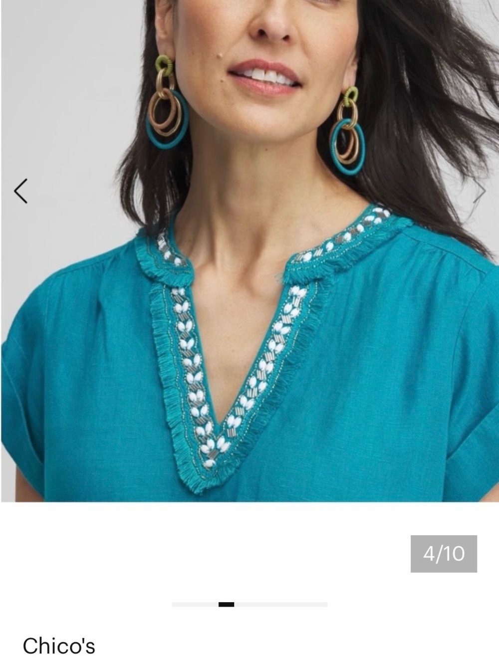 Chico's Teal Beaded V-Neck Tiered Dress size 3 is XL.. Linen.. New without tags